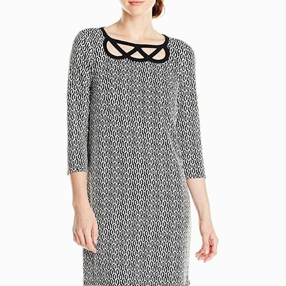 3 for $30! SALE SHELLI SEGAL Escher Print Cutout Neckline Geo Jersey Dress - Picture 1 of 10
